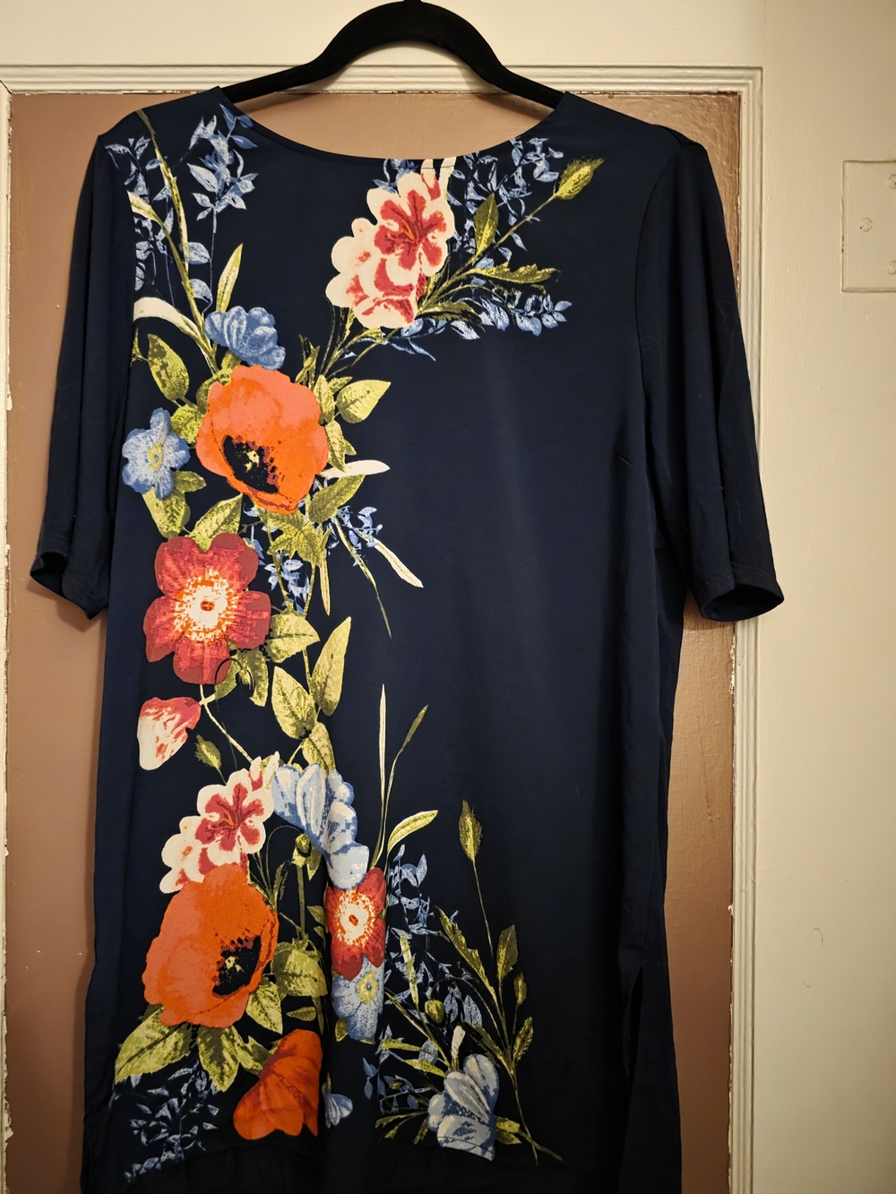Summer SALE Chico's Navy Tunic with Bold Orange & Coral Floral Print